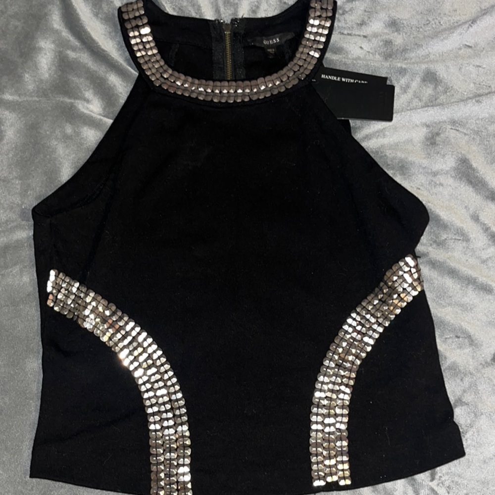 Guess Black Sleeveless Embellished Crop Tank Top